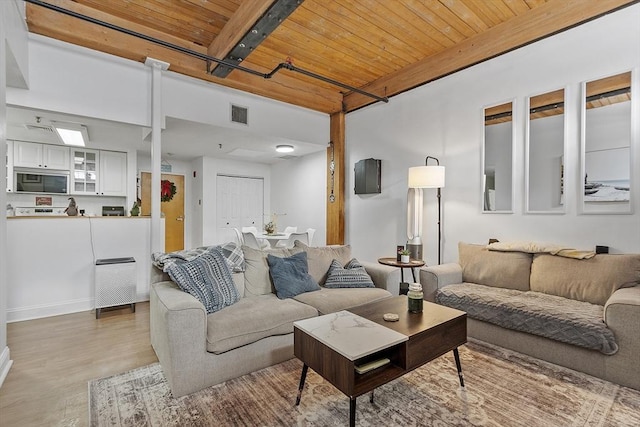 living room with light wood-type flooring, beamed ceiling, and wooden ceiling