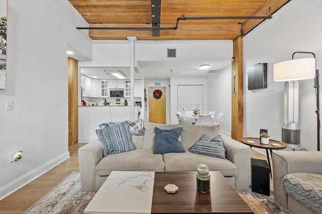 living room featuring wood-type flooring and wooden ceiling