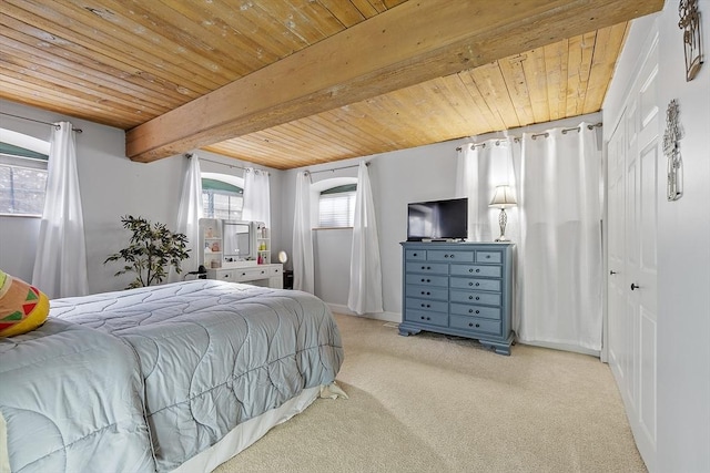 bedroom featuring beam ceiling and wooden ceiling