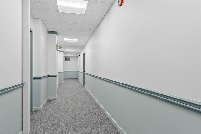 hallway with light carpet and a drop ceiling