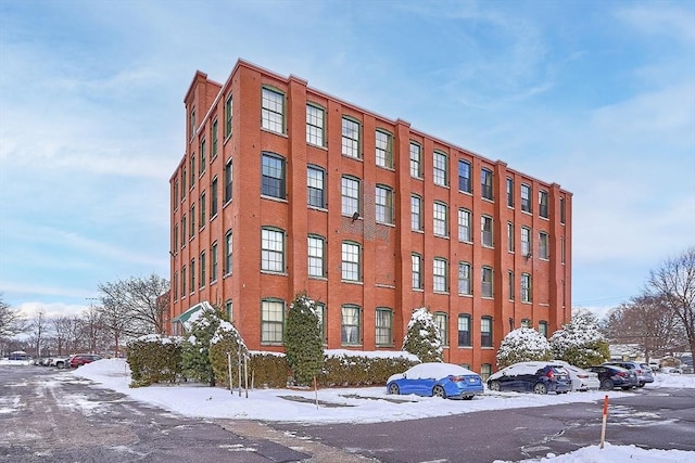 view of snow covered building