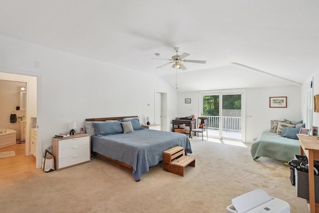 156 Langen Rd, Lancaster, MA 01523 - bedroom featuring access to exterior, light carpet, vaulted ceiling, connected bathroom, and a ceiling fan