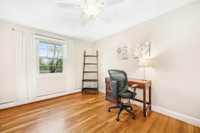 office space featuring wood finished floors, baseboards, and ceiling fan