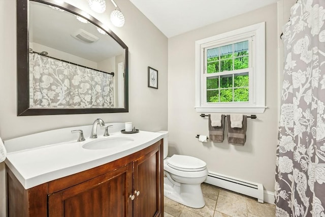 bathroom featuring baseboard heating, toilet, baseboards, a shower with shower curtain, and vanity