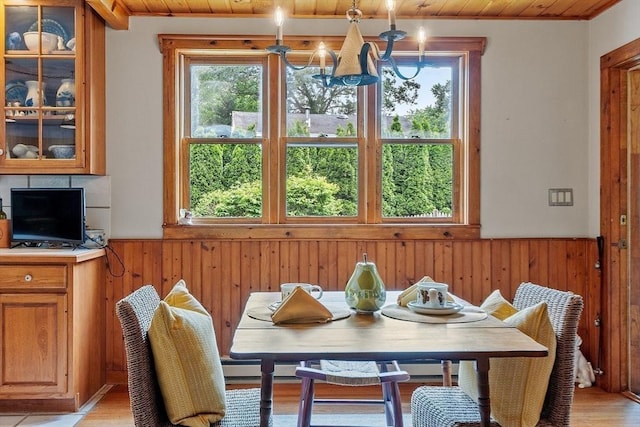 5 Vasa St, Billerica, MA 01862 - dining space with healthy amount of natural light, a wainscoted wall, wooden walls, light wood-type flooring, and wood ceiling