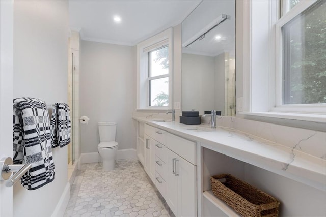 1650 Columbia Rd Unit 2, Boston, MA 02127 - full bath with double vanity, ornamental molding, a shower with shower door, and recessed lighting