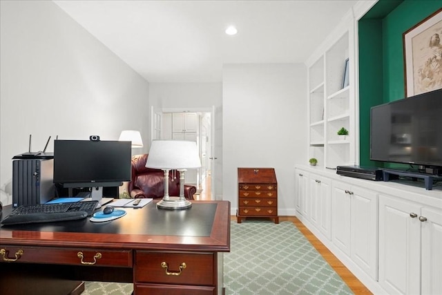 home office featuring light wood-style floors and recessed lighting