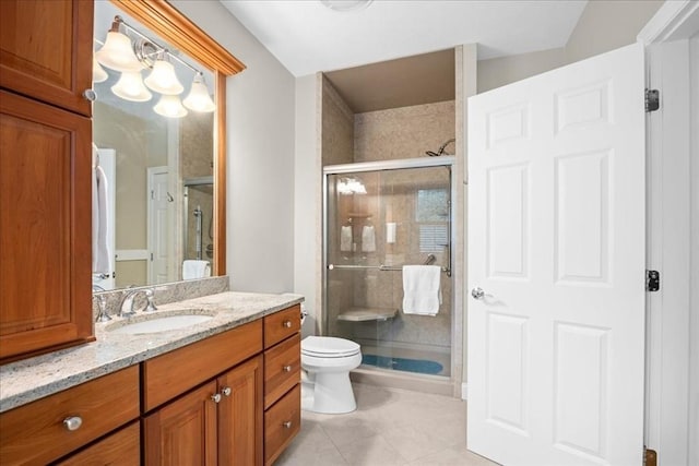 full bath featuring vanity, toilet, a shower stall, and tile patterned floors