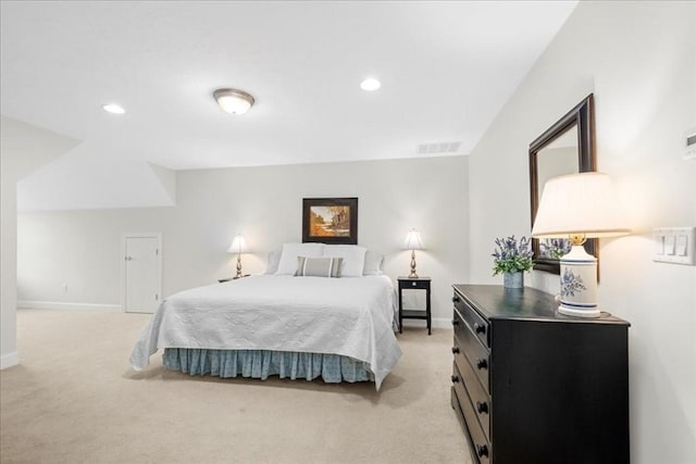 bedroom featuring baseboards, visible vents, recessed lighting, and light colored carpet