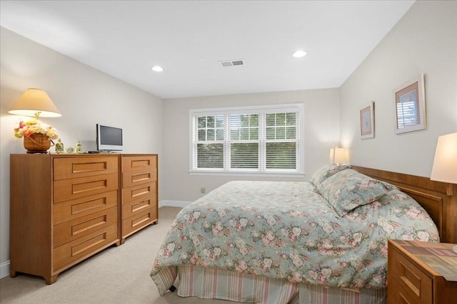bedroom featuring baseboards, recessed lighting, visible vents, and light colored carpet