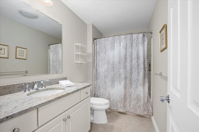 full bathroom with tile patterned floors, toilet, a shower with shower curtain, and vanity