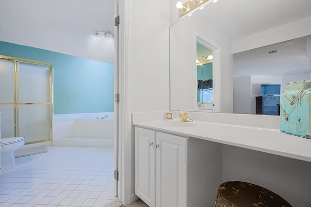 bathroom featuring a garden tub, toilet, tile patterned flooring, vanity, and a shower stall