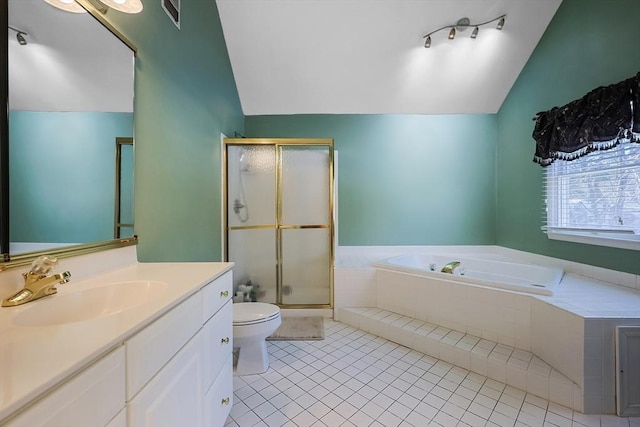 full bathroom featuring visible vents, lofted ceiling, toilet, a garden tub, and tile patterned flooring