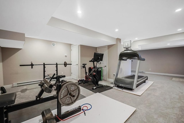 workout room featuring baseboards, a baseboard heating unit, carpet flooring, and recessed lighting