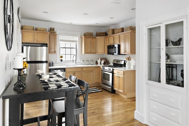 kitchen featuring stainless steel appliances, sink, and light hardwood / wood-style flooring