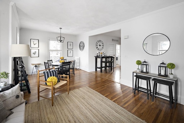 living room featuring crown molding and dark wood-type flooring