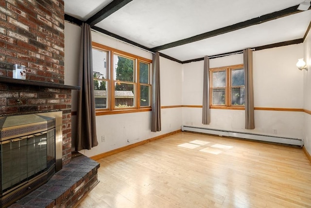 349 Pleasant St, Milton, MA 02186 - unfurnished living room with baseboard heating, wood finished floors, and beam ceiling