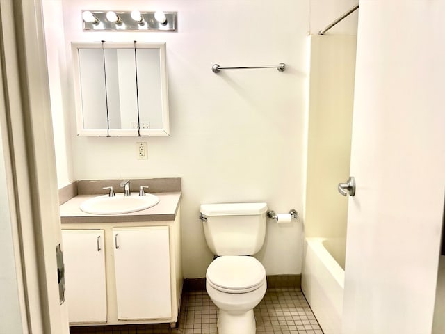 full bathroom with shower / tub combination, vanity, tile patterned flooring, and toilet