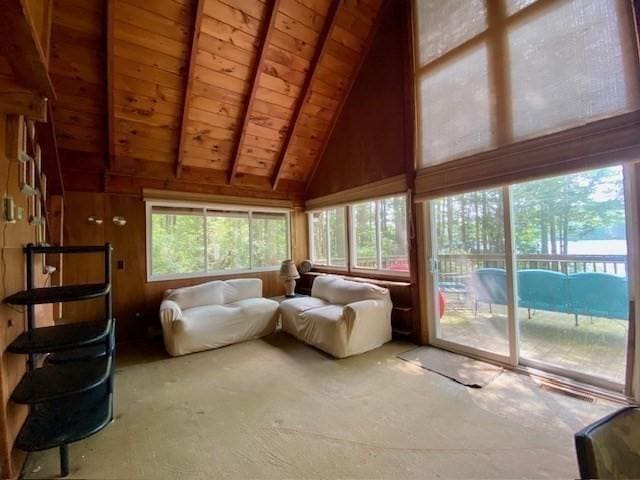 64E Old Princeton Rd, Hubbardston, MA 01452 - sunroom featuring a wood ceiling with exposed beams, high vaulted ceiling, and wood walls