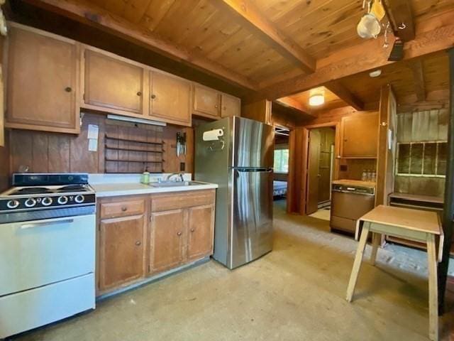 64E Old Princeton Rd, Hubbardston, MA 01452 - kitchen with electric range, freestanding refrigerator, wooden walls, a wood ceiling with exposed beams, and light countertops