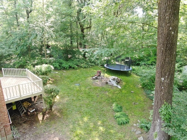 34 Clubhouse Ln, Natick, MA 01760 - view of grassy yard featuring a trampoline, a wooden deck, and a wooded view