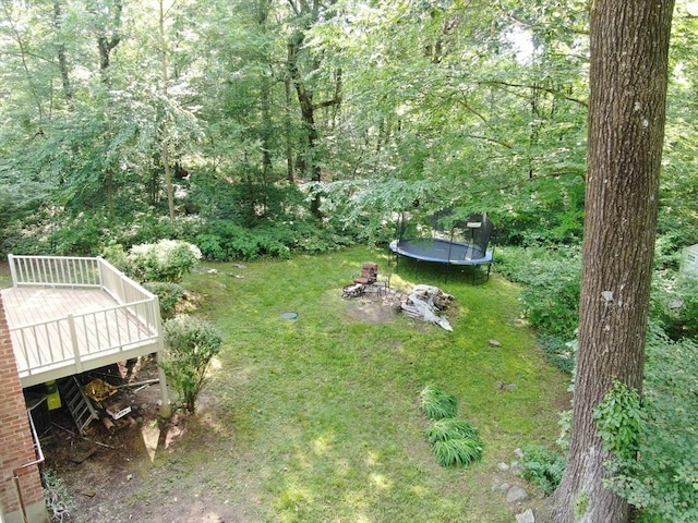 34 Clubhouse Ln, Natick, MA 01760 - view of grassy yard with a trampoline, a wooden deck, and a wooded view