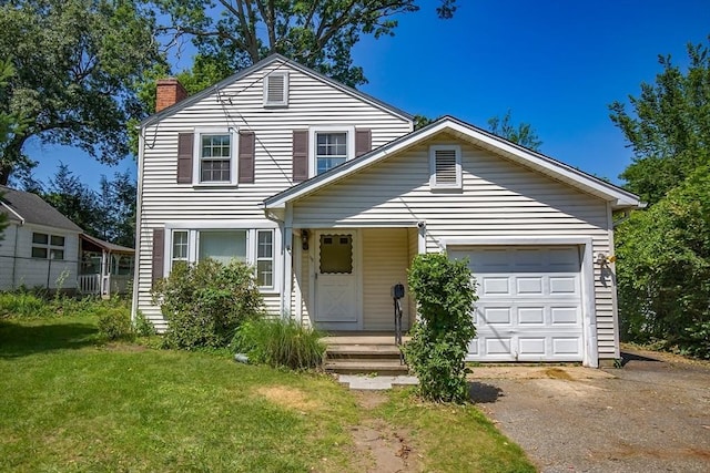 112 Harmon Ave, Springfield, MA 01118 - view of front of property featuring a chimney, asphalt driveway, a front lawn, a garage, and a porch