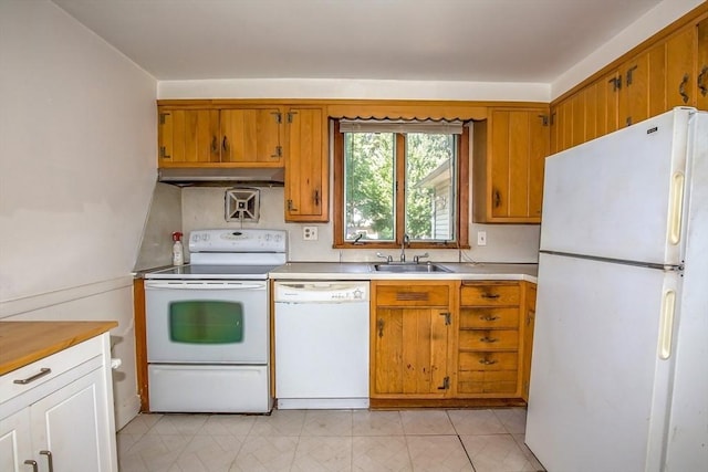 112 Harmon Ave, Springfield, MA 01118 - kitchen featuring white appliances, light countertops, brown cabinetry, and under cabinet range hood