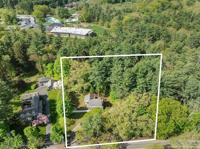 view of property location with a heavily wooded area and property boundaries highlighted