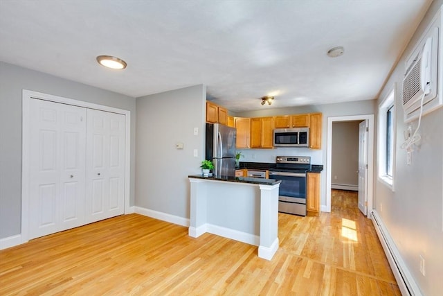 7 Mortimer Pl Unit 6, Somerville, MA 02145 - kitchen featuring stainless steel appliances, a baseboard heating unit, light wood finished floors, dark countertops, and a peninsula