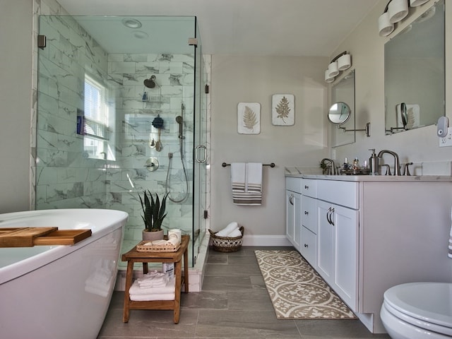 full bathroom featuring toilet, plus walk in shower, tile floors, and vanity with extensive cabinet space