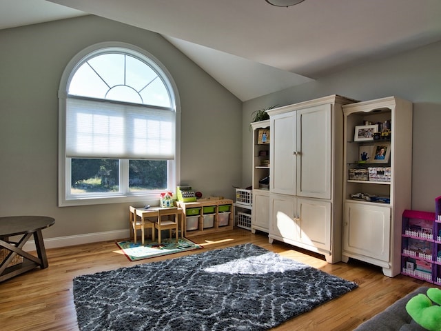 living area with light hardwood / wood-style floors and lofted ceiling