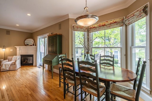 745-A Massachusetts Ave Unit A, Arlington, MA 02476 - dining area featuring plenty of natural light, light wood finished floors, ornamental molding, a glass covered fireplace, and baseboards