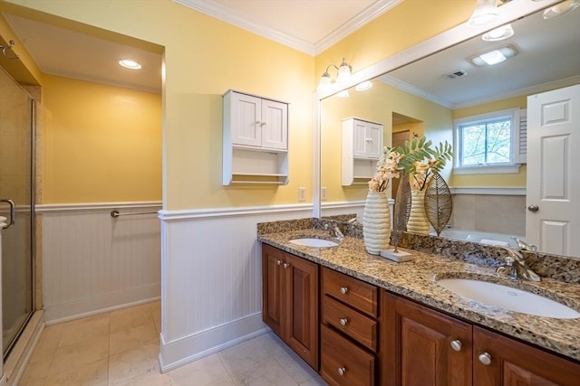 745-A Massachusetts Ave Unit A, Arlington, MA 02476 - full bath featuring double vanity, a garden tub, wainscoting, a stall shower, and ornamental molding