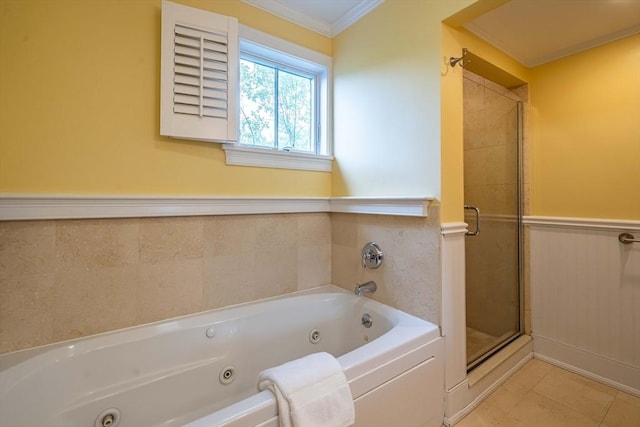 745-A Massachusetts Ave Unit A, Arlington, MA 02476 - bathroom with a whirlpool tub, a shower stall, crown molding, wainscoting, and tile patterned floors