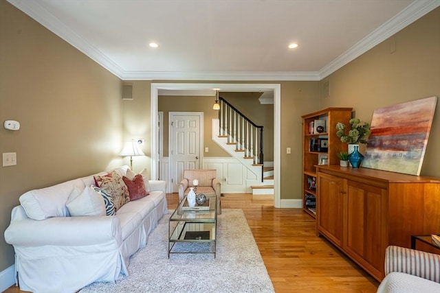 745-A Massachusetts Ave Unit A, Arlington, MA 02476 - living room with stairs, light wood finished floors, ornamental molding, and recessed lighting