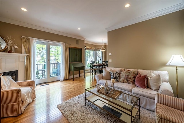 745-A Massachusetts Ave Unit A, Arlington, MA 02476 - living room with light wood-type flooring, ornamental molding, recessed lighting, and a glass covered fireplace