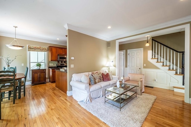 745-A Massachusetts Ave Unit A, Arlington, MA 02476 - living area with light wood-style flooring, ornamental molding, stairs, and recessed lighting