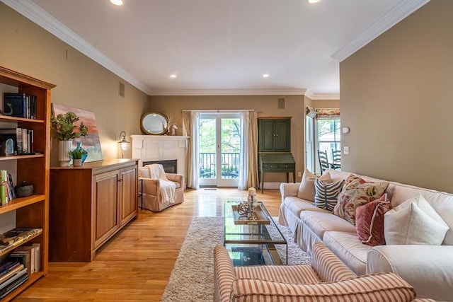 745-A Massachusetts Ave Unit A, Arlington, MA 02476 - living room with light wood-type flooring, crown molding, recessed lighting, and a fireplace