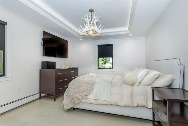 2 Overlook Rd, Canton, MA 02021 - bedroom with a chandelier, light wood-style flooring, a baseboard heating unit, a tray ceiling, and crown molding