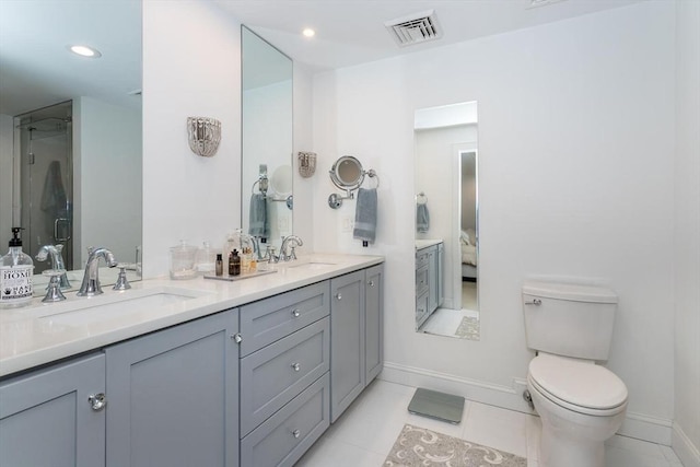 2 Overlook Rd, Canton, MA 02021 - ensuite bathroom featuring double vanity, recessed lighting, a shower with door, and tile patterned floors