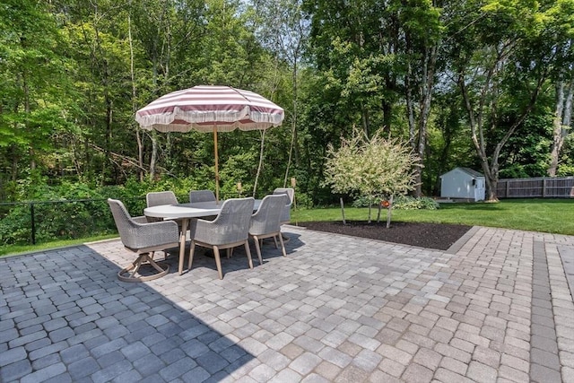 2 Overlook Rd, Canton, MA 02021 - view of patio / terrace featuring a shed, outdoor dining space, and a forest view
