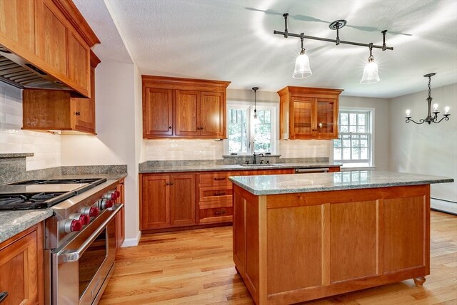 759 Williams St, Longmeadow, MA 01106 - kitchen featuring stainless steel range, brown cabinets, light wood-type flooring, and a center island