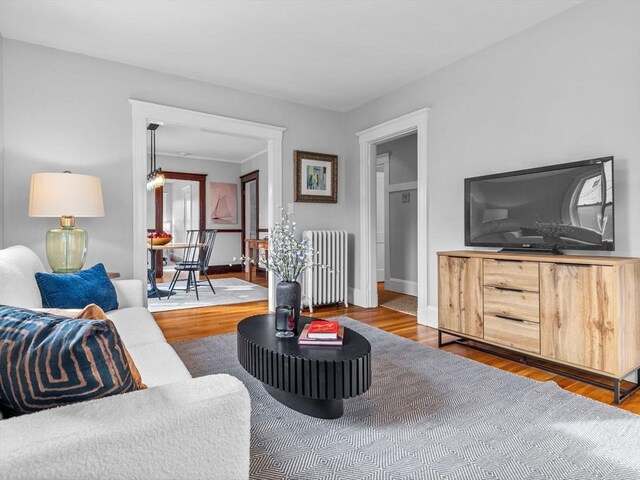living room with radiator heating unit, baseboards, and wood finished floors