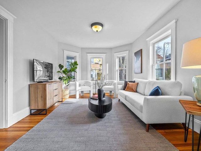 living room with baseboards and wood finished floors