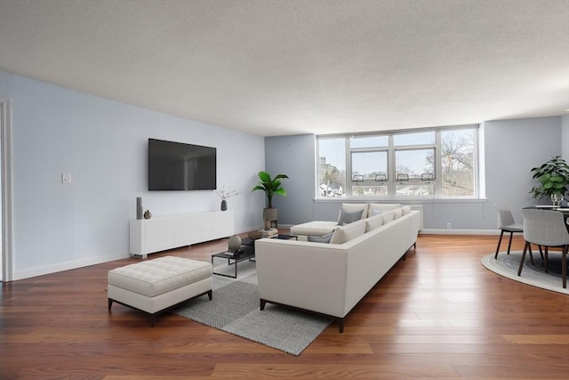 living room with wood-type flooring and a textured ceiling