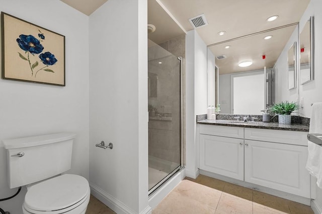 full bathroom with visible vents, a shower stall, toilet, and vanity