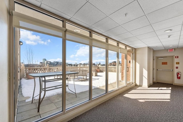 entryway with a paneled ceiling, expansive windows, baseboards, and carpet flooring