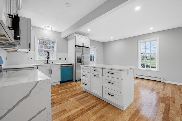 kitchen featuring stainless steel fridge with ice dispenser, light wood-type flooring, plenty of natural light, dishwasher, and a baseboard radiator