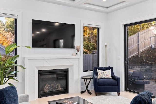 living room featuring a wealth of natural light, beam ceiling, a high end fireplace, and coffered ceiling